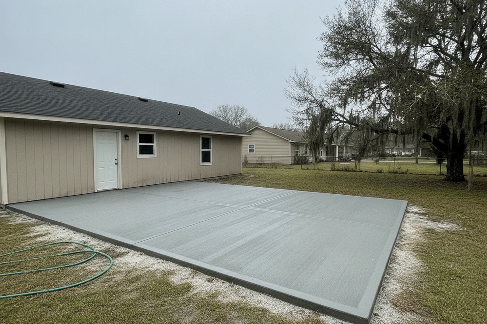 Completed concrete patio Gautier Mississippi Gulf Coast Jackson County live oaks bayou drainage humidity broom finish Carlos